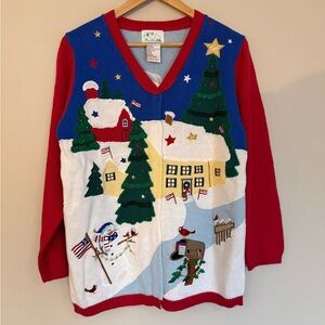 NWT Vintage The Quacker Factory Christmas Cardigan Sweater Snowman Angel Flag